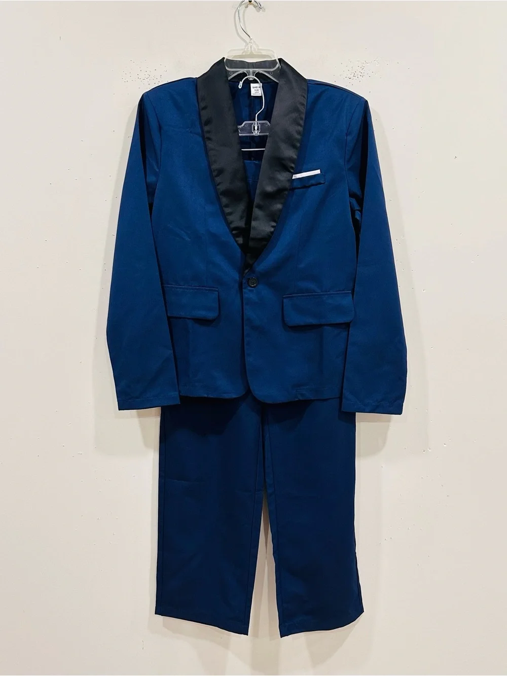 SHEIN Boys 2-Piece Tuxedo Suit Indigo Blue Black Shawl Lapel Size 15 Y